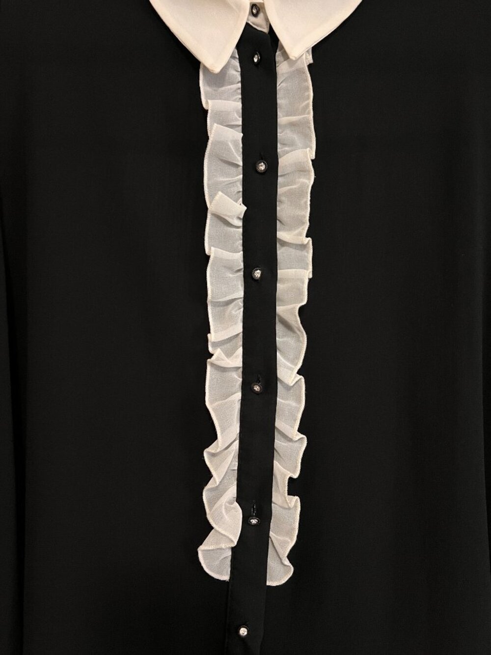 Zara Sheer Black Tuxedo Blouse White Collar Ruffle Front Size L - Picture 4 of 7